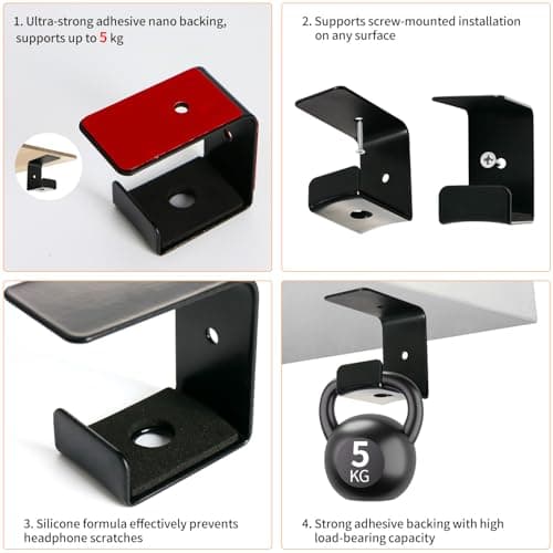 Stinzgie Strong Adhesive Headphone Holder Under Desk, Aluminum Headset Mount Hook with Rubber Pad - 2 Installation Styles for Gaming, Office, Classroom (1 Pack) — view 4