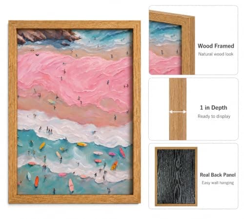 Framed Pink Girl Coastal Canvas Wall Art, Beach Surfers on Pastel Sand Painting Picture Wall Decor,Vibrant Ocean Poster Print Artwork,for Bedroom Bathroom Girls Room Home Decoration 8x10inch — view 3