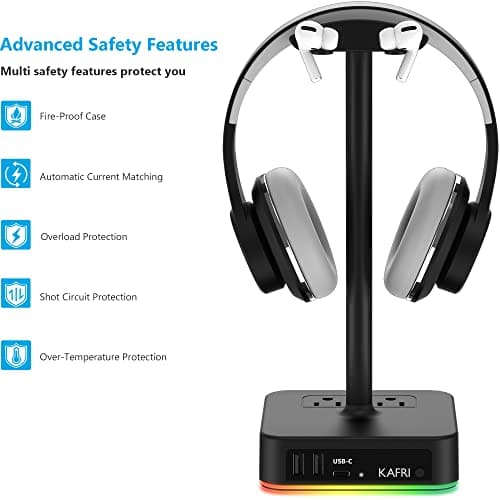 KAFRI RGB Headphone Stand with USB A&C Charger Desk Gaming Headset Holder Hanger Rack with 3 USB Charging Port and 2 Outlet - Suitable for Gamer Desktop Table Game Earphone Accessories Boyfriend Gifts — view 5