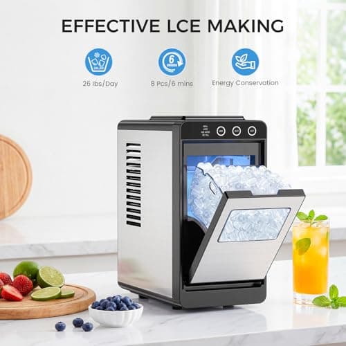COWSAR Ice Maker Countertop, Portable Ice Machine with Self-Cleaning, 8 Cubes in 6 Mins, 26 lbs/24Hrs, Quiet Commercial Compact Ice Machine for Home, Camping, Bar, Stainless Steel Sliver — view 2