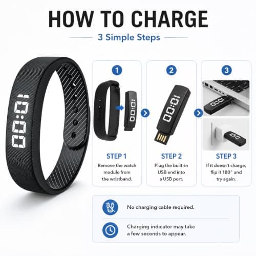 Gosasa Lightweight LED Digital Sport Watch Splash Resistant Pedometer with Vibrating Alarm USB Rechargeable Silicone Wristband for Men & Women (Black) — view 5