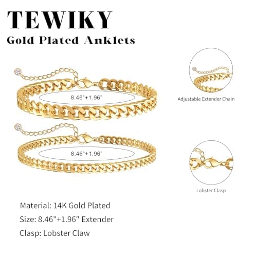Tewiky Chunky Ankle Bracelets for Women,Dainty Layered Waterproof Anklet for Women Adjustable Cuban Set Stackable Cute Summer Beach Jewelry Gift — view 4