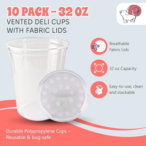 Snout and Shell Deli Cups with Fabric Vented Lids, 10 Pack - Secure Fruit Fly & Insect Cultures, Prevent Escapes & Contaminants, Easy Fruit Fly Media Preparation, Hot Liquid Safe