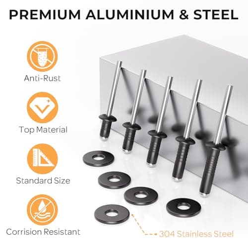INCLY 200Pcs 3/16 Inches Pop Rivets Assortment Kit, 5 Sizes Aluminum Black Rivets for Metal 3/16" x 5/16" 3/8" 1/2" 5/8" 3/4'' and 304 Stainless Steel Washers with Storage Case — view 3