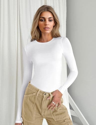 Ekouaer Women's Long Sleeve Shirts Tight Fitted Tops Crewneck Underscrubs Tee Lightweight Basic Thermal Undershirts White M — view 2
