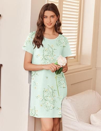Ekouaer Nightgowns for Women Cotton Sleepshirts Short Sleeve Nightshirt Tshirt Night Gown Casual Sleepdress Comfy Nightdress Light Green Floral X-Large