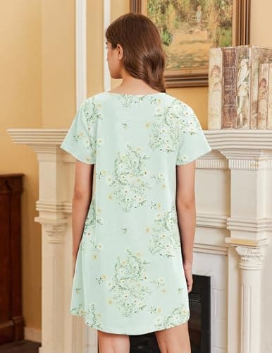 Ekouaer Nightgowns for Women Cotton Sleepshirts Short Sleeve Nightshirt Tshirt Night Gown Casual Sleepdress Comfy Nightdress Light Green Floral X-Large — view 4