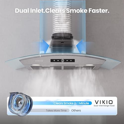 VIKIO HOME 36 Inch Wall Mount Range Hood, 450 CFM Dual Inlet, Curved Glass Kitchen Vent Hood, Ducted/Ductless Convertible, 3-Speed Touch Control, LED Lights, Stainless Steel — view 4