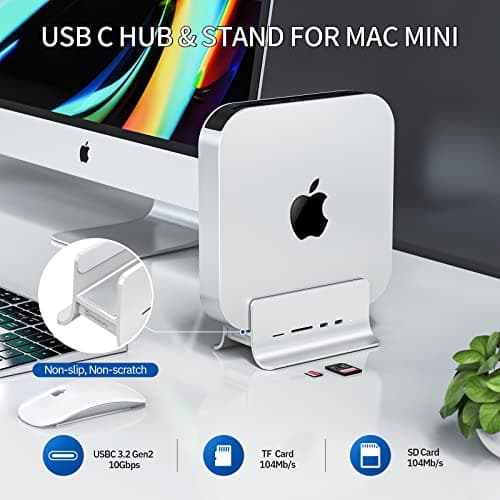 USB C Hub, Minisopuru Mac mini Dock Support M.2 NVMe/SATA SSD, 5 in 1 Stand & Docking Station Accessories with 2 USB C 10Gbps Data, TF& SD, M.2 SSD(Not Included) — view 2