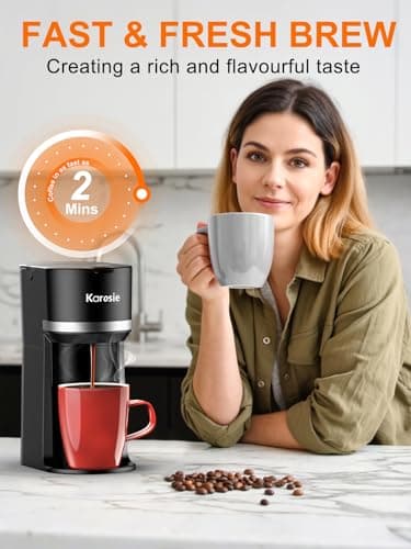 Karosie Single Serve Coffee Maker for Coffee Pods and Grounds, Fast Brew, 6-12 oz Brew Sizes Single Cup Coffee Maker Fits 5.5" Mugs, One-Button Small Coffee Maker, Descaling Reminder,Black,9.45 Inches — view 2