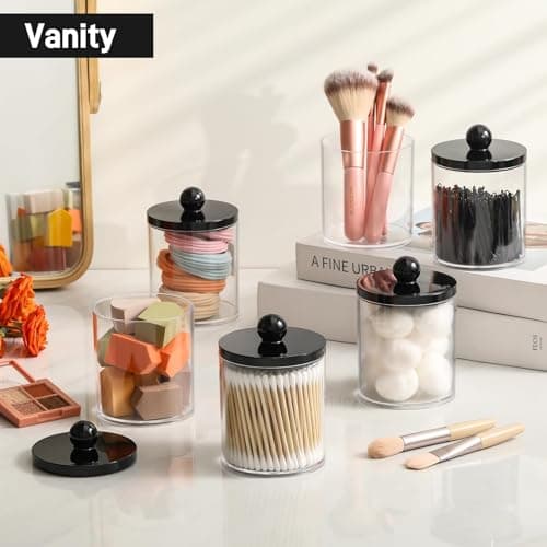 4 Pack Acrylic Qtip Holder Dispenser for Cotton Swabs, Balls, Pads, Floss - Plastic Canister Apothecary Jar Set, Bathroom Essentials Accessories Decor Vanity Makeup Storage Organizer - Clear & Black — view 4