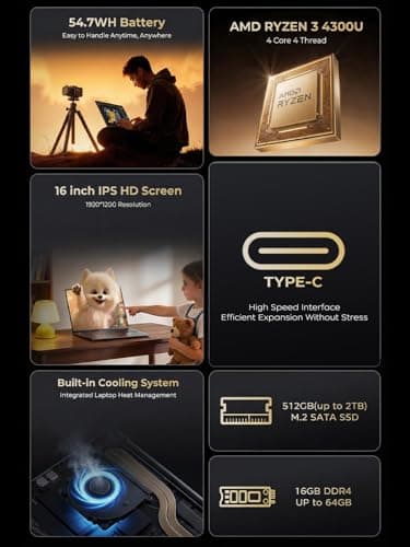 KAIGERR Gaming Laptop, Laptops with AMD Ryzen 4300U(Up to 3.7GHz), 16GB DDR4 512GB SSD Laptop Computer, 16.0inch Windοws 11 Laptop, 1920P FHD Display, WiFi 6, USB3.2, Type_C
