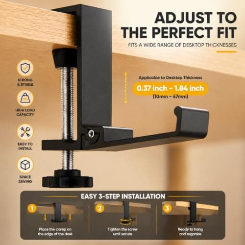 JAKO Headphone Stand for Desk, Aluminum Alloy Foldable Headphone Holder - Headset Stand Hook Mount, PC Gaming Headset Holder Under Desk Clamp for Office, Computer, Student Class Table, Handmade Table — view 4