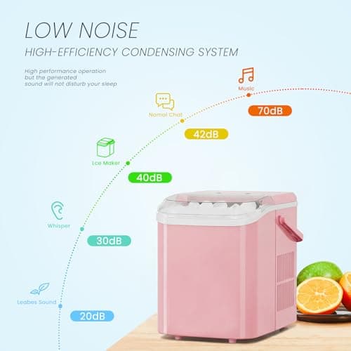 KMFurnila Ice Makers Countertop, Portable Ice Machine with Handle, 6 Mins 9 Bullet Ice Cubes with Basket and Scoop, 26lbs in 24Hrs, Auto-Cleaning, for Home, Kitchen, RV, Camping, Pink