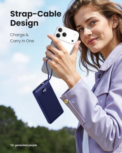 Coowisty Portable Power Bank, Compact 10000mAh Portable Charger with 4 Cables, USB C Battery Pack 5 Outputs 2 Inputs LED Display Compatible with iPhone/Android & More (Navy Blue) — view 3