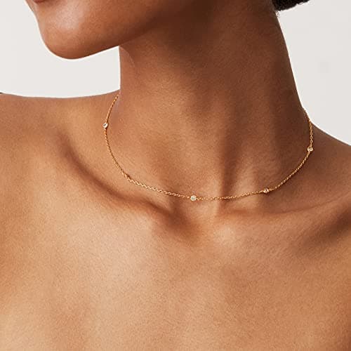 PAVOI 14K Yellow Gold Plated Station Chain Necklaces for Women - Dainty Simulated Diamond Necklace - Layering Cubic Zirconia Chain — view 3