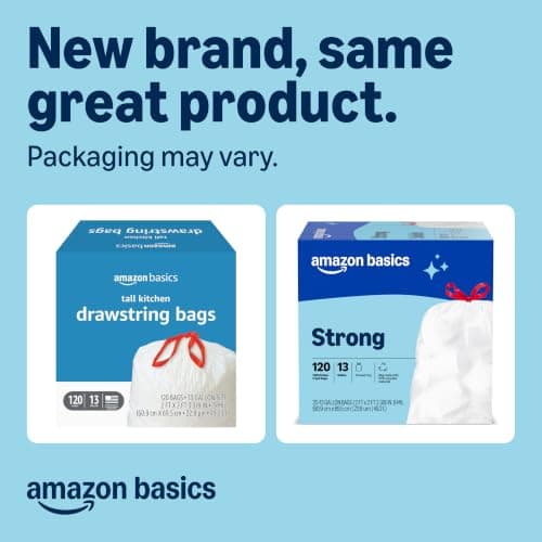 Amazon Basics Trash Bags, Tall Kitchen Drawstring, Unscented, 13 Gallon, 120 Count, Pack of 1, Packaging May Vary