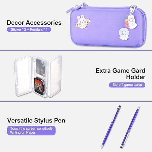 innoAura Switch Lite Case 18-in-1 Accessories Bundle for NS Switch Lite (2019), with Protective Carrying Case, Game Holder, Screen Protector & Cute Thumb Grips, Purple — view 5