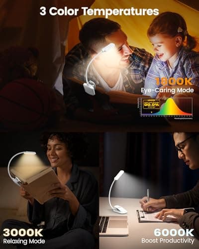 Glocusent 13 LED Rechargeable Book Light for Reading at Night, Eye-Caring 3 Amber Colors & Stepless Dimming, Lasts 1 Week to 2 Months, Travel Clip on Lamp, Gifts for Book Lovers, Men, Women & Kids — view 3