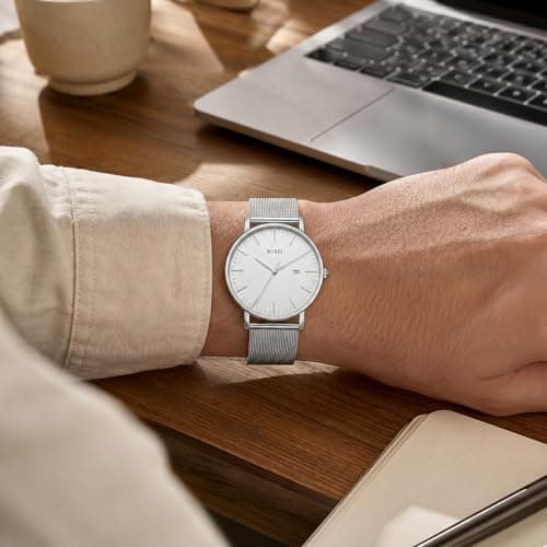 BUREI Ultra Thin Minimalist Men Watch, All Silver Stainless Steel Mesh Band,Analog Waterproof Casual Business Wristwatch, Gift for Father — view 3
