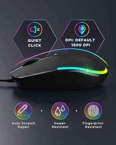 seenda Wired Mouse - USB Corded Mouse with Colorful RGB Backlit, Plug and Play, 1600 DPI Optical Tracking，Silent Computer Mouse for Laptop, PC, Chromebook, Desktop, Office, School, Home, Black — view 2