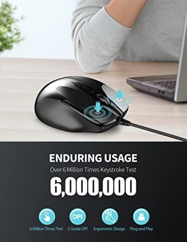 TECKNET USB Wired Mouse, 6-Button Corded Computer Mouse with 4 Adjustable DPI, Optical Computer Mice with Ergonomic Design and 5FT Cord for Laptop, Chromebook, PC, Desktop, Mac, Notebook-Black — view 3