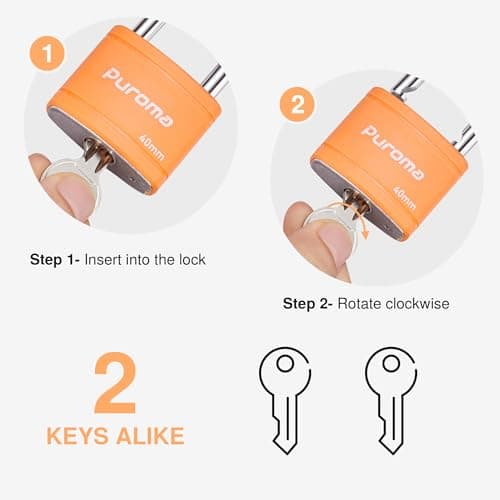 Puroma Keyed Padlock with 2 Keys Alike, 7/8 Inch Locker Lock 40mm Heavy-Duty Locks for School Gym Locker Gate Fence Hasp Cabinet Toolbox (Orange) — view 2