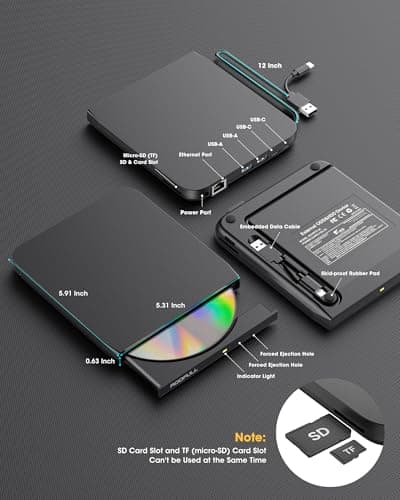 ROOFULL External CD DVD Drive with Ethernet Adapter, USB Hub, SD Slot, Case — view 2