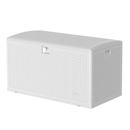 GarveeHome Outdoor Storage Box, 73 Gallon Deck Box, Waterproof Resin Patio Storage Box with Seat & Lockable Lid, Weather Resistant Organizer for Cushions, Tools, Pool Toys, White