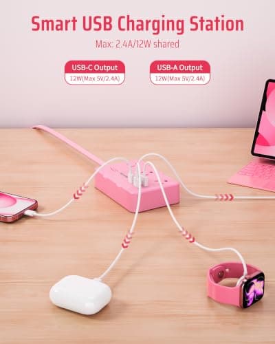 DEPOW Pink Power Strip, 5FT Extension Cord with 6 AC Outlets（1625W/13A 4 USB Ports (2 USB C), 1050J Surge Protector, Flat Plug Wall Mountable Charging Station for Dorm Room Desk Bedroom Kawaii Decor — view 4