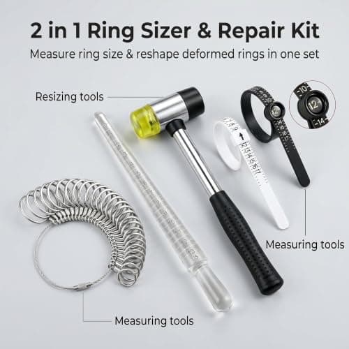 Bflaae 5 PCS Ring Sizer Measuring Tool Kit with Ring Mandrel and Ring Mallet, 27 PCS Stainless Steel Ring Gauges, 2 PCS Reusable Finger Size Tape with Magnified Glass 1-17 USA Rings Size