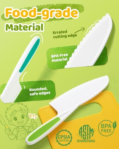 Yeeammk Kids Knife Set for Real Cooking, 5 Pcs Kid Safe Plastic Kitchen Knife Set with 3 Knives and 2 Cutting Boards, Montessori Cooking Set for Kids — view 3