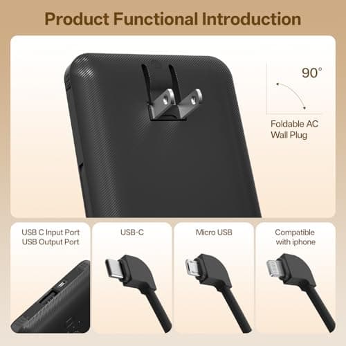 Brand Q Portable Charger with Built-in Cables and AC Wall Plug,Slim USB C Travel Essential Power Bank 10000mAh,External Battery Pack Compatible with iPhone,Samsung,Tablet and All Smart Phones — view 3