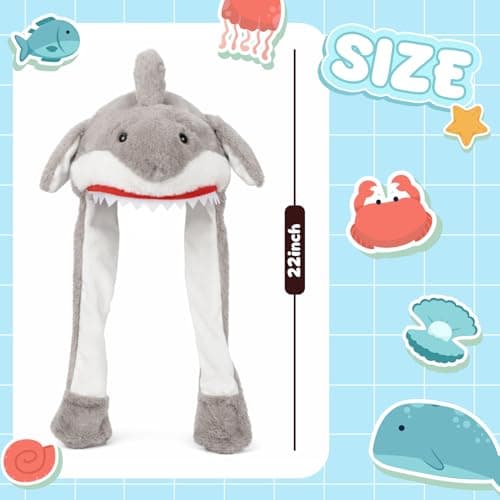 Bubblepompom Shark Hat with Ears Moving Jumping Pop Up Beating Hat Plush Oceanic Animal Earflaps Holiday Cosplay Costume Dress Up Funny Gift for Kids, 22''