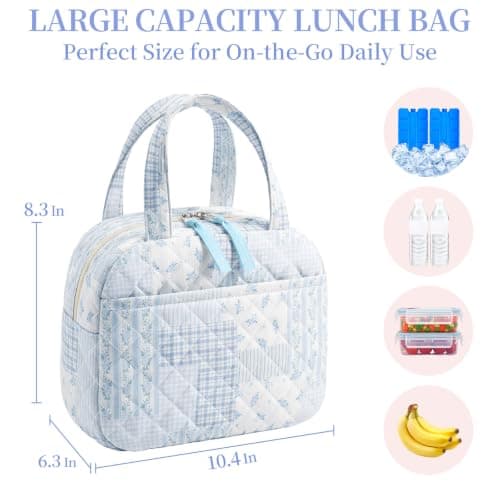 WOBAGMEN Quilted Lunch Box for Women,Coquette Aesthetic Lunch Box,Cute Blue Floral Patchwork Lunch Bags for Work,Office,Picnic,Travel(blue floral pin)