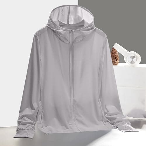Women's Lightweight Breathable Sun Jackets Long Sleeve Full Zip UPF 50+ Athletic Hoodie Jacket with Thumb Holes(Gray,XX-Large)