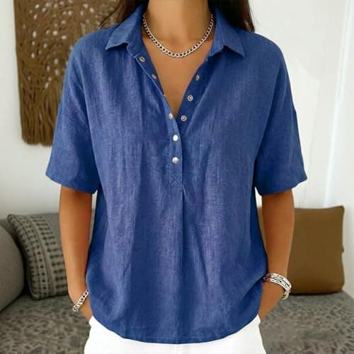 Linen Tops for Women 2026 Summer Cotton Gauze Shirts Button Down V Neck Half Sleeve Blouses Loose Fit Tunic Clothes Blue