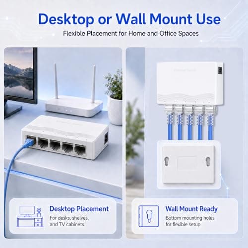 5 Port Gigabit Ethernet Switch, Unmanaged Network Switch 10/100/1000Mbps, Plug and Play Ethernet Splitter, Compact White Internet Hub, Fanless Desktop Wall Mount LAN Switch for Home Office, Gaming, TV — view 5