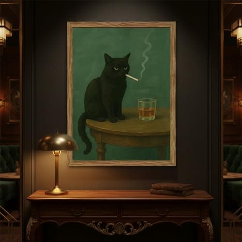 Funny Black Cat Wall Art Framed Vintage Moody Cat Canvas Prints Wall Decor Whimsical Cool Animal Paintings Pictures for Living Room Bedroom Bathroom Bar 8x10in — view 5