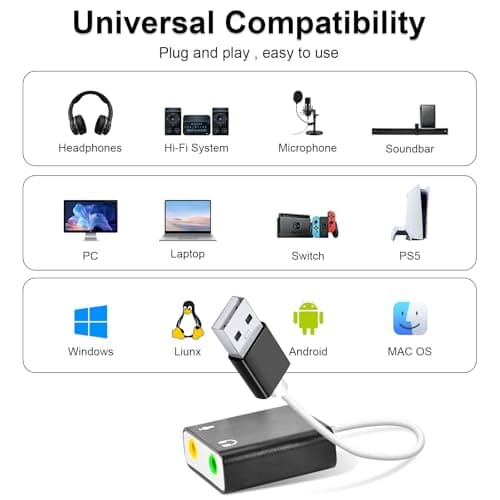 QAJOPFN USB Audio Adapter, External Sound Card for PC and Laptop，USB Microphone Adapter to 3.5mm(1/8 inch) for Headphone, Speaker and Microphone Jack, Plug and Play — view 4