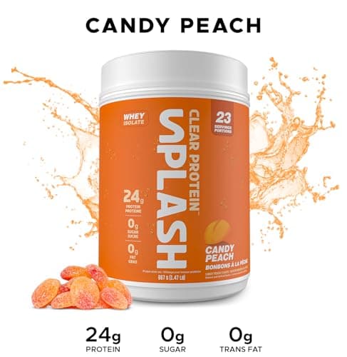 Revolution Nutrition, Splash Clear Isolate Protein, 100% Clear Whey Isolate Powder, Juice-Type, Candy Flavour, Collagen, 24g of Protein Per Scoop, Zero Sugar, Zero Carb, 667g, 23 Servings (Candy Peach, 1.47 Pound)