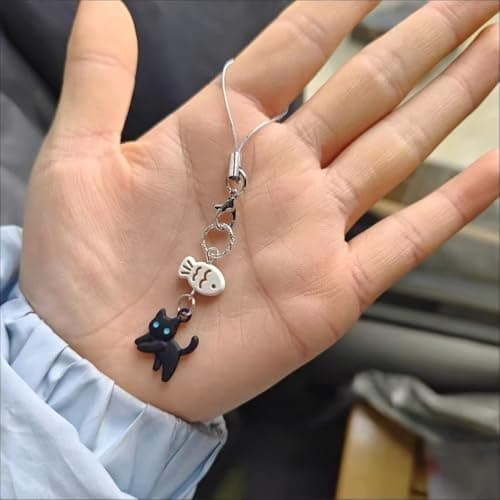PUCAPOCO Black Cat Phone Charm Cute Kawaii Cat Fish Phone Camera Bag Charm Accessories (Black) — view 2
