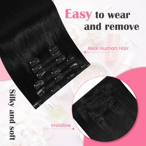 Aison Hair Extensions for Women Natural Black Clip in Hair Extensions Real Human Hair 18 Inch 75G/7Pcs Soft Silky Straight 16clips(18 Inch #1B)