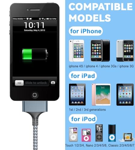Herfair 10FT iPod Charger Old iPhone Charger Nylon Braided 30 Pin Charging Cord Compatible with iPhone 4/4s/3G/3GS & iPad 1 2 3 & iPod Touch 4 3 2 1, Classic/Nano 3 4 5 6