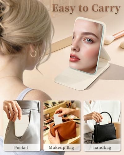 VFD Small Compact Pocket Makeup Mirror, Portable Folding Travel Mirrors Ultrathin Light Handheld with Adjustable Stand, Premium HD Optical Glass, Gift for Your Lover, Suitable for All Scene — view 2