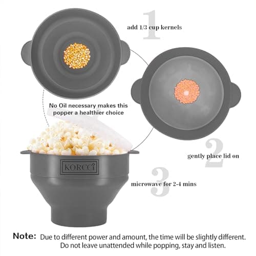 The Original Korcci Microwaveable Silicone Popcorn Popper, Microwave Popcorn Popper, Collapsible Microwave Popcorn Maker Bowl, No Oil Needed, Use In Microwave, Dishwasher Safe (Grey)
