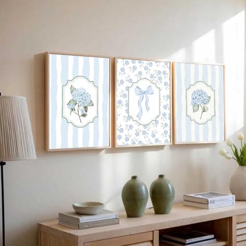 3Pcs Blue Hydrangea Wall Art Trendy Light Blue Striped Watercolor Bow Coquette Pictures Wall Decor Coastal Flower Botanical Aesthetic Posters Prints for Girls Bedroom Dorm Apartment Unframed 12x16in — view 3