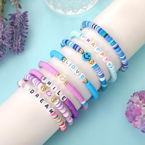 YALASOBA Colorful Smile Heart Star Bracelets Set - Y2K Kidcore Aesthetic - Polymer Clay Pearl Beaded Charm Stackable Jewelry for Women, Girls, Teens(Purple) — view 5