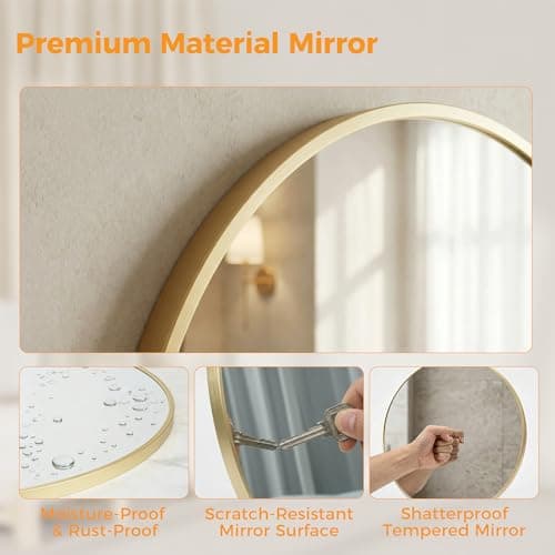 Sweetcrispy Round Bathroom Mirror for Over Sink, 24 Inch Wall Mounted Vanity Mirror with Matte Metal Frame, Decor for Bathroom, Entryway, Bedroom, Gold — view 5