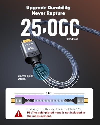 Highwings 8K 10K 4K HDMI Cable 48Gbps 6.6FT/2M, Certified Ultra High Speed 2.1 HDMI Cable Braided Cord-4K@120Hz 8K@60Hz, DTS:X, HDCP 2.2 & 2.3, HDR 10 Compatible with DVD Player/PS5/HDTV/Blu-ray — view 4